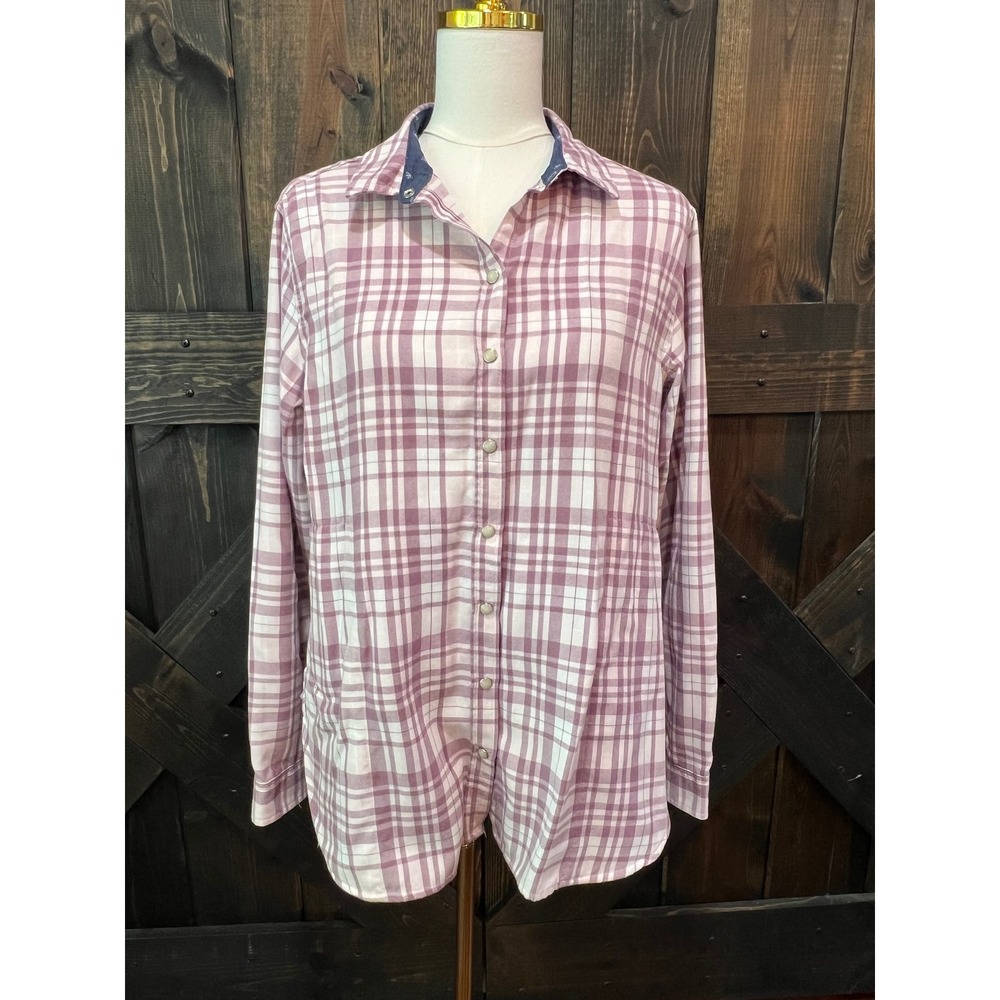 Jachs Girlfriend Pink Plaid Flannel Shirt Mauve Snap Front M Top Cozy Outdoor